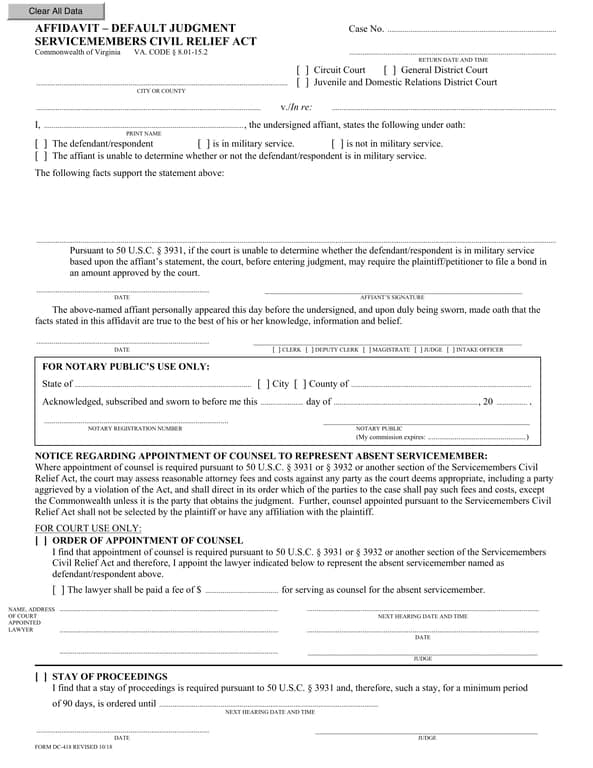 Virginia Default Judgment Request DC-418 Revised 10/18