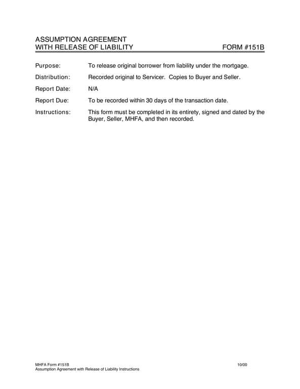 MHFA Form #151B - Assumption Agreement with Release of Liability for Minnesota Property