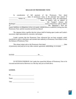 Promissory Note Release Agreement Documentation form preview