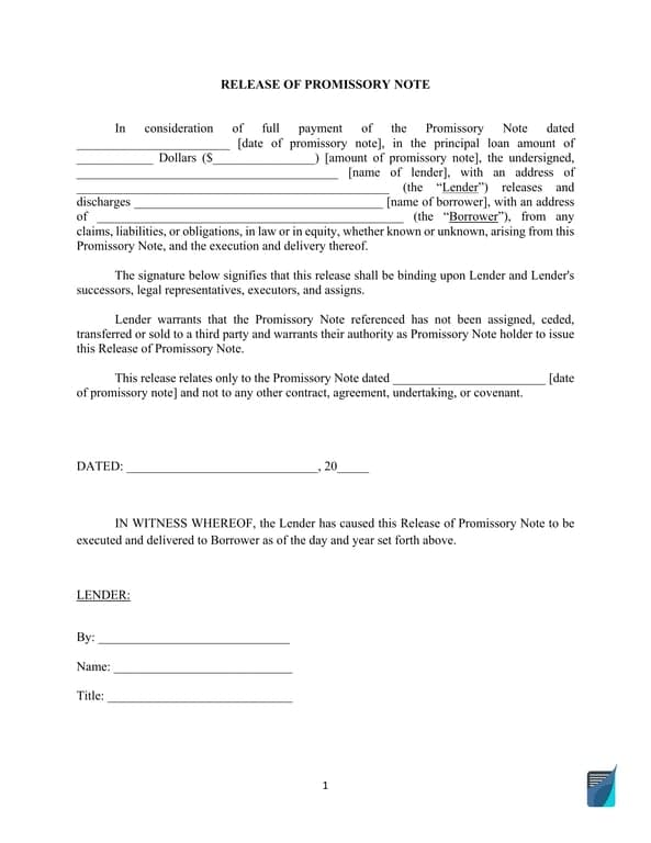 Promissory Note Release Agreement Documentation