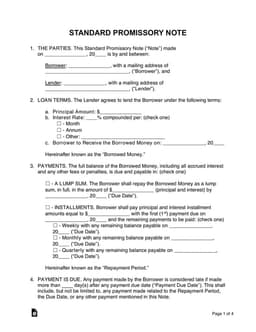 Official Standard Promissory Note for Loan Agreement and Terms form preview