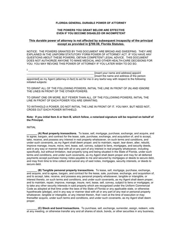 Florida Power of Attorney - Authorizing Financial Management under Florida Statutes §709.08
