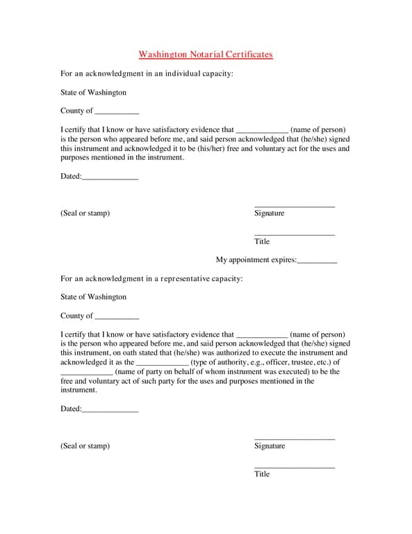Washington Notary Acknowledgement for Verified Signatures
