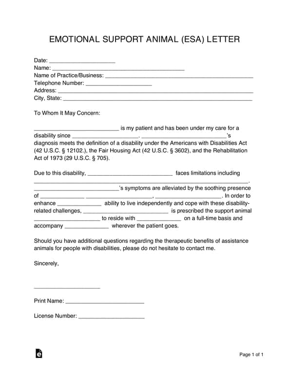 ESA Letter for Disability Certification and Animal Support