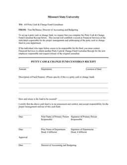 Missouri University Petty Cash Custodian Receipt Details form preview