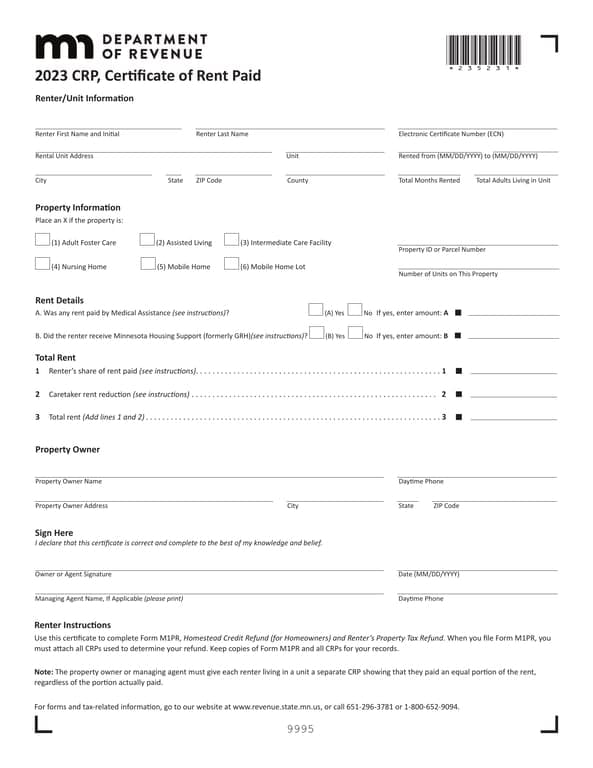Minnesota 2023 CRP - Certificate of Rent Paid for Tax Refunds