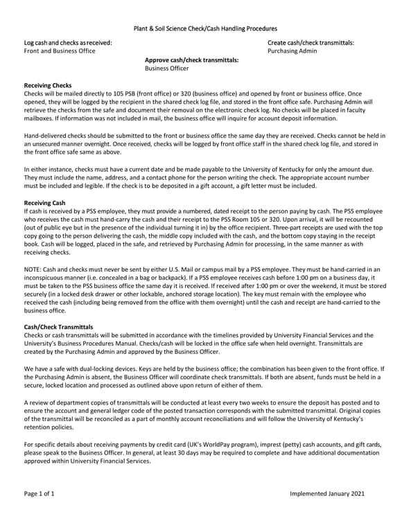 Kentucky Cash Handling Procedures for Plant & Soil Science Department