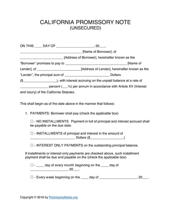 California Unsecured Promissory Note Template - Detailed Repayment Terms