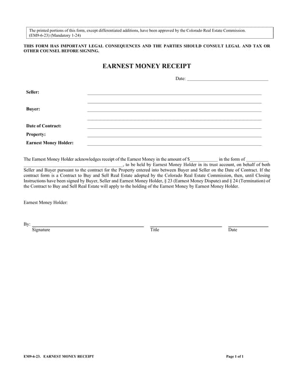 Colorado Real Estate Earnest Money Receipt Assurance