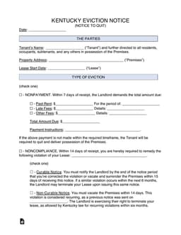 Kentucky Notice to Quit - Nonpayment or Noncompliance Evictions form preview