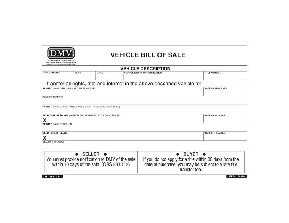 Oregon DMV Vehicle Sale Notification and Title Transfer Notice
