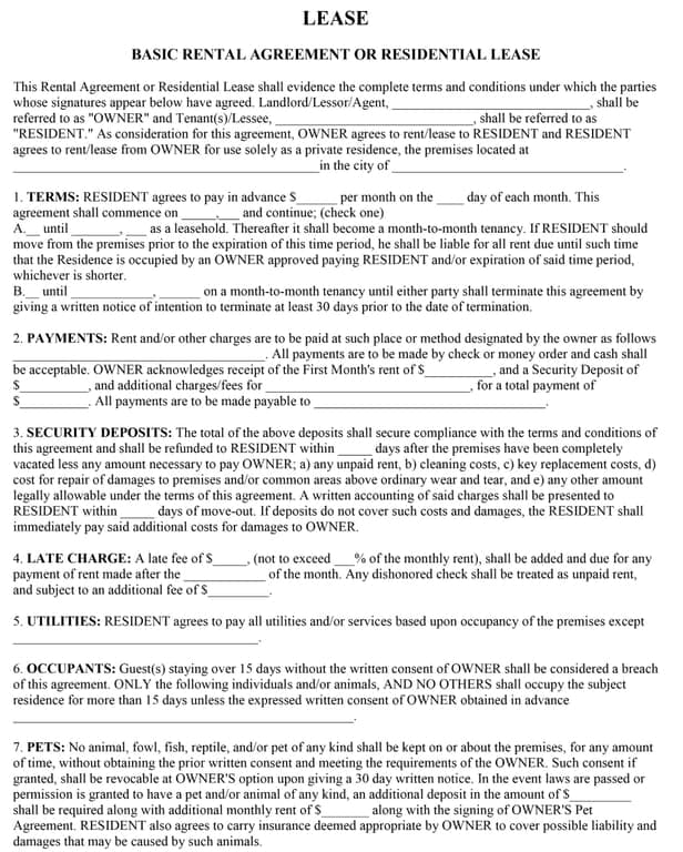 Lease Agreement Form – Residential Rental Contract