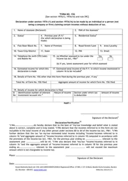 Kotak Mahindra Bank India No. 15G - Tax-Free Income Declaration form preview