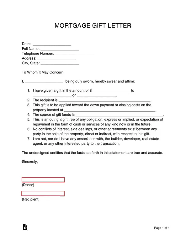 Mortgage Gift Letter Declaration and Certification
