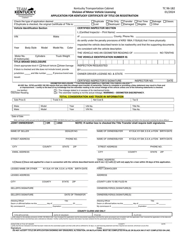 Kentucky Vehicle Title and Registration Application TC 96-182