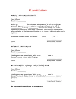 Texas Notarial Certificates - Ordinary and Short Form Acknowledgments form preview