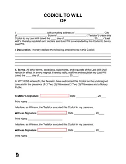 Codicil to Will - Official Amendment Document for Last Will Changes form preview
