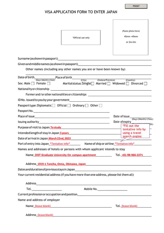Visa Application Form to Enter Japan