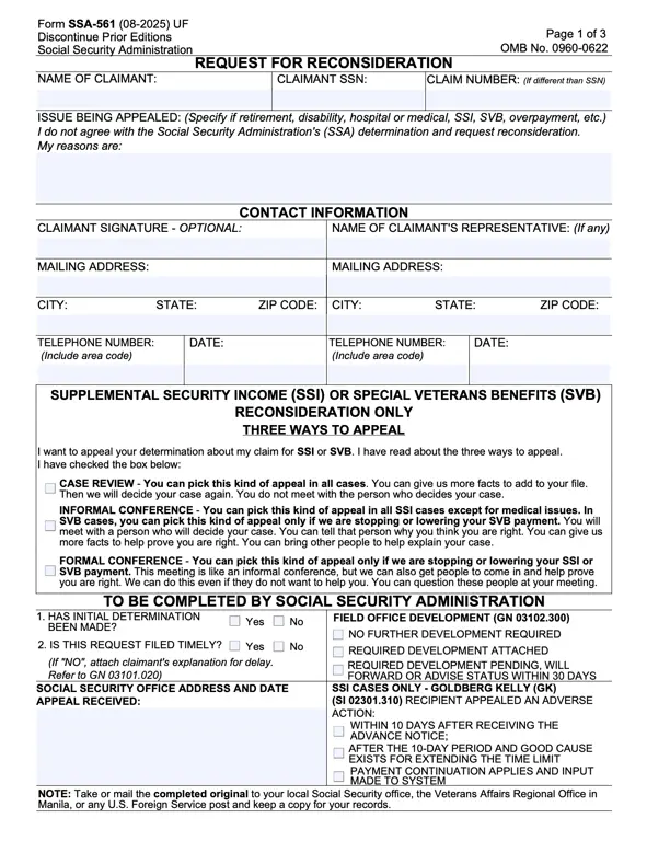 Get the most current SSA-561-U2 – Request for Social Security Reconsideration form now