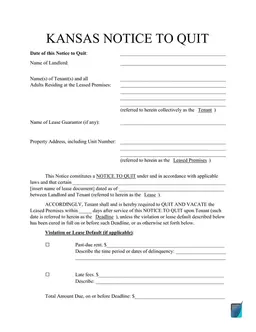 Kansas Notice to Quit - Tenant Eviction Process in Lease Agreements form preview