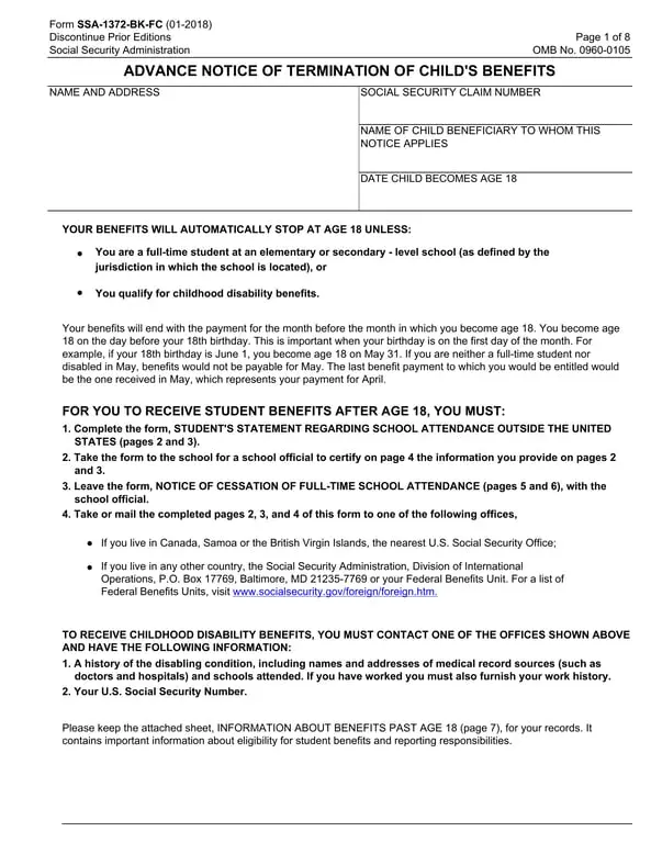 SSA-1372-BK-FC - Advance Notice for Child Benefit Termination at 18