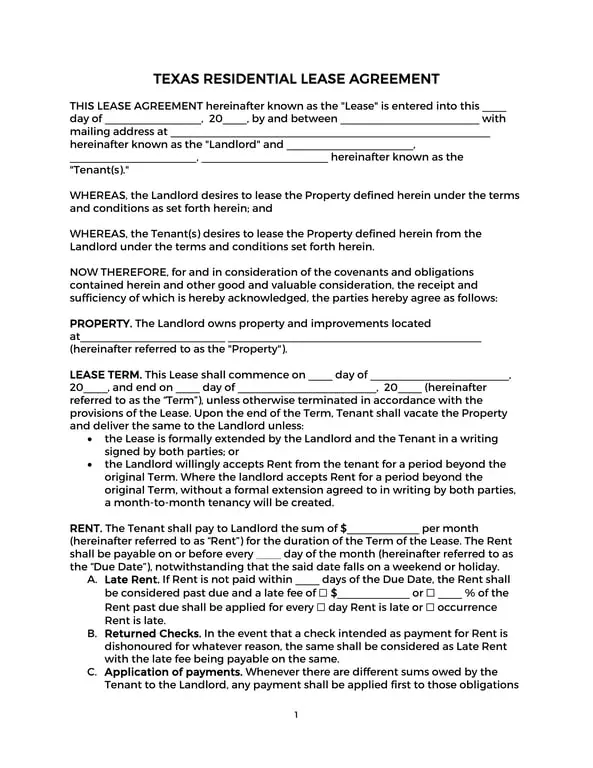 Texas Residential Lease Agreement - Legal Contract for Renting Property in Texas