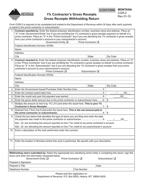 Montana Gross Receipts Submission - 1% Contractor's Payment CGR-2