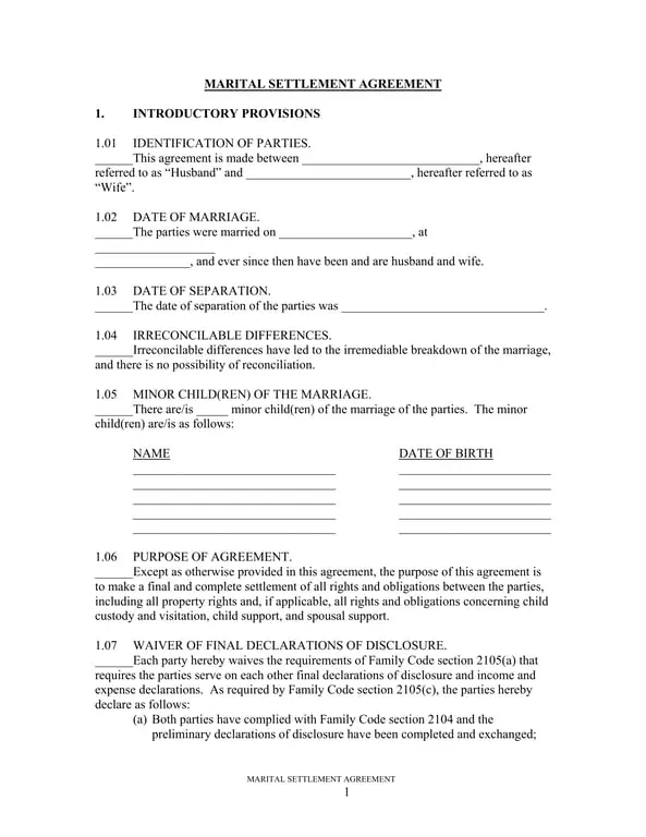 Get the most current Marital Settlement Agreement - Divorce Terms and Child Custody Provisions form now