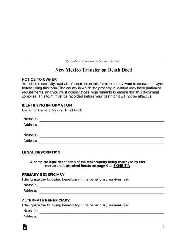 New Mexico Transfer on Death Deed for Real Estate Property