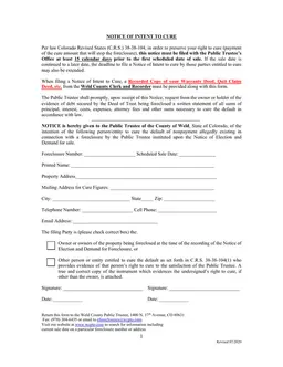 Colorado Intent to Cure Notice - Protecting Your Property from Foreclosure Under C.R.S. 38-38-104 Law form preview