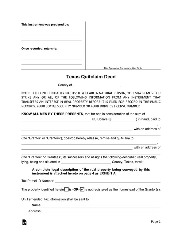 Texas Property Interest Transfer and Confidentiality Notice - Quitclaim Deed