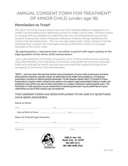 Florida Annual Child Medical Consent - Treatment and Travel Authorization form preview