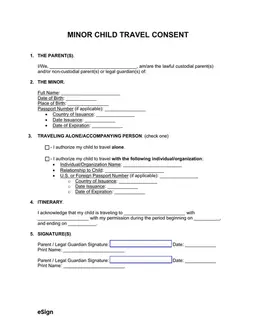Minor Child Travel Consent Declaration - Domestic Travel Authorization for Minors form preview