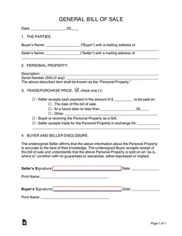 Personal Property Bill of Sale Details and Procedure form preview