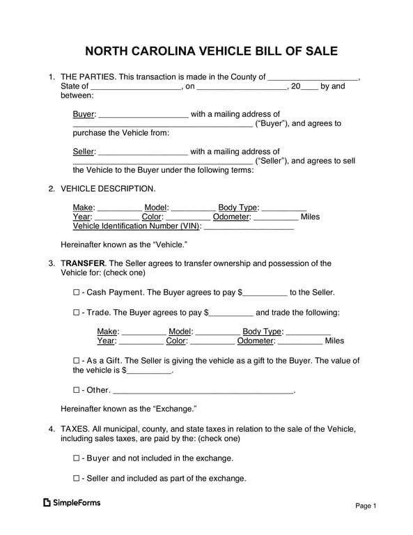 North Carolina Vehicle Transaction Proof and Registration Details
