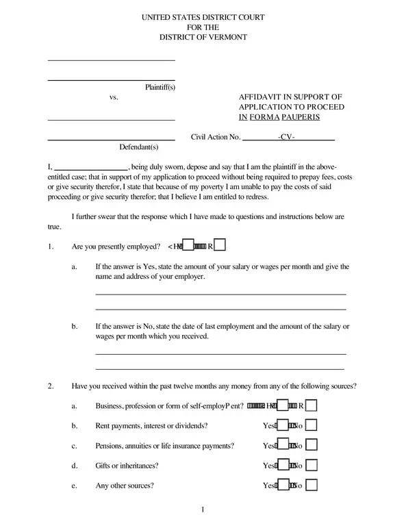 Vermont In Forma Pauperis Support Affidavit for Impoverished Plaintiffs