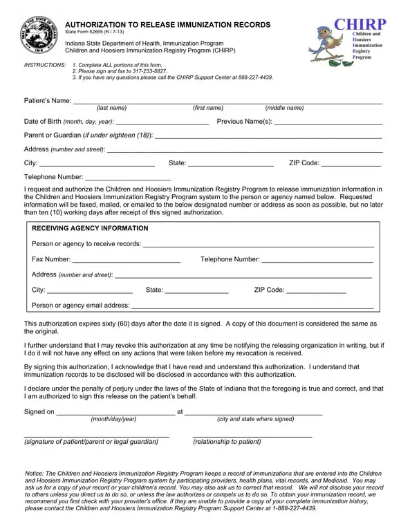 Indiana Immunization Record Release Authorization