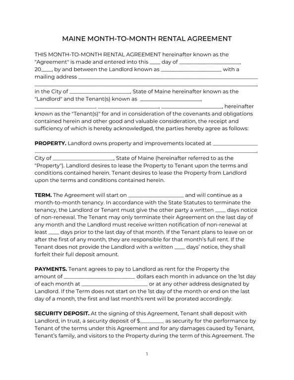 Maine Month-to-Month Rental Agreement