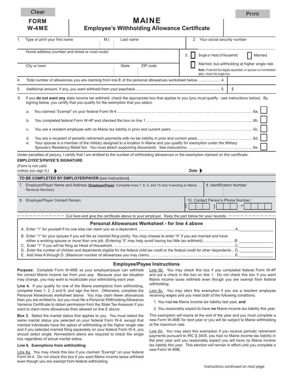 Maine Personal Allowances Worksheet for Tax Withholding