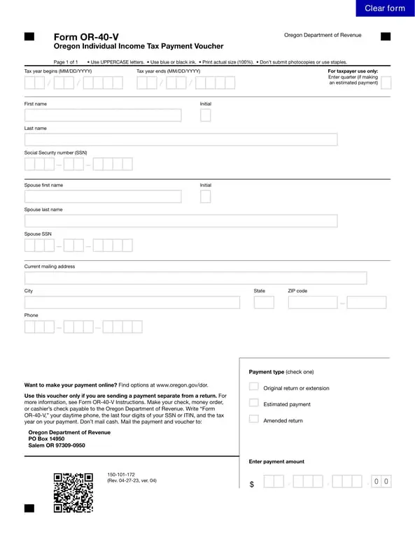 Oregon Individual Income Tax Payment Voucher OR-40-V