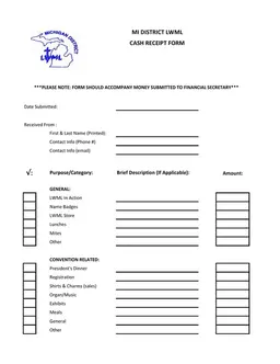 Michigan District LWML Cash Receipt for Financial Transactions form preview