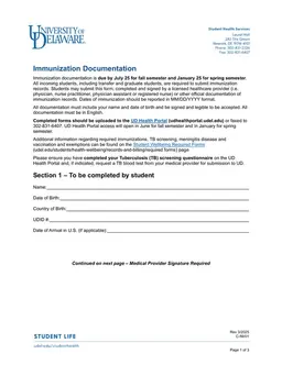Delaware Student Immunization Documentation C-IM/01 - UD Health Portal Submission form preview