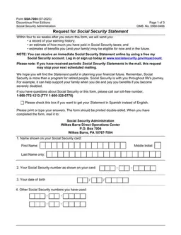 SSA-7004 - Request Your Social Security Statement Online form preview